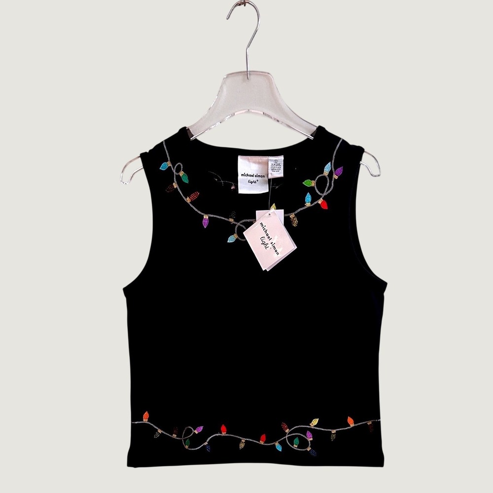 New Michael Simon Light Christmas Beaded Sleeveless Knit Top Black Small NWT